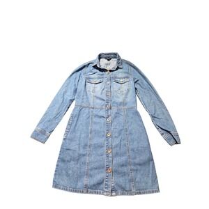 Frye Denim Button Front Midi Shirt Dress Blue XS Long Sleeve Pockets Medium Wash